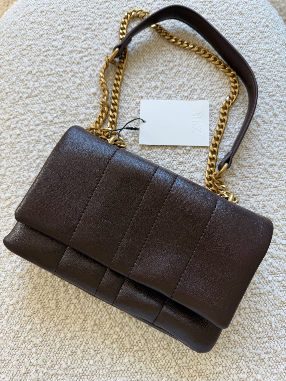 Zara Dark Brown Quilted Leather Shoulder Bag with Gold Chain